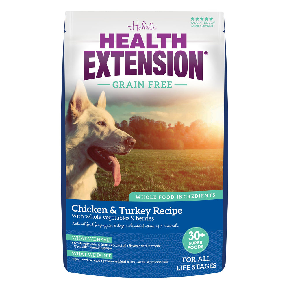 Health Extension bolsa-frente muestra proteína magra de pollo y pavo para músculos fuertes.