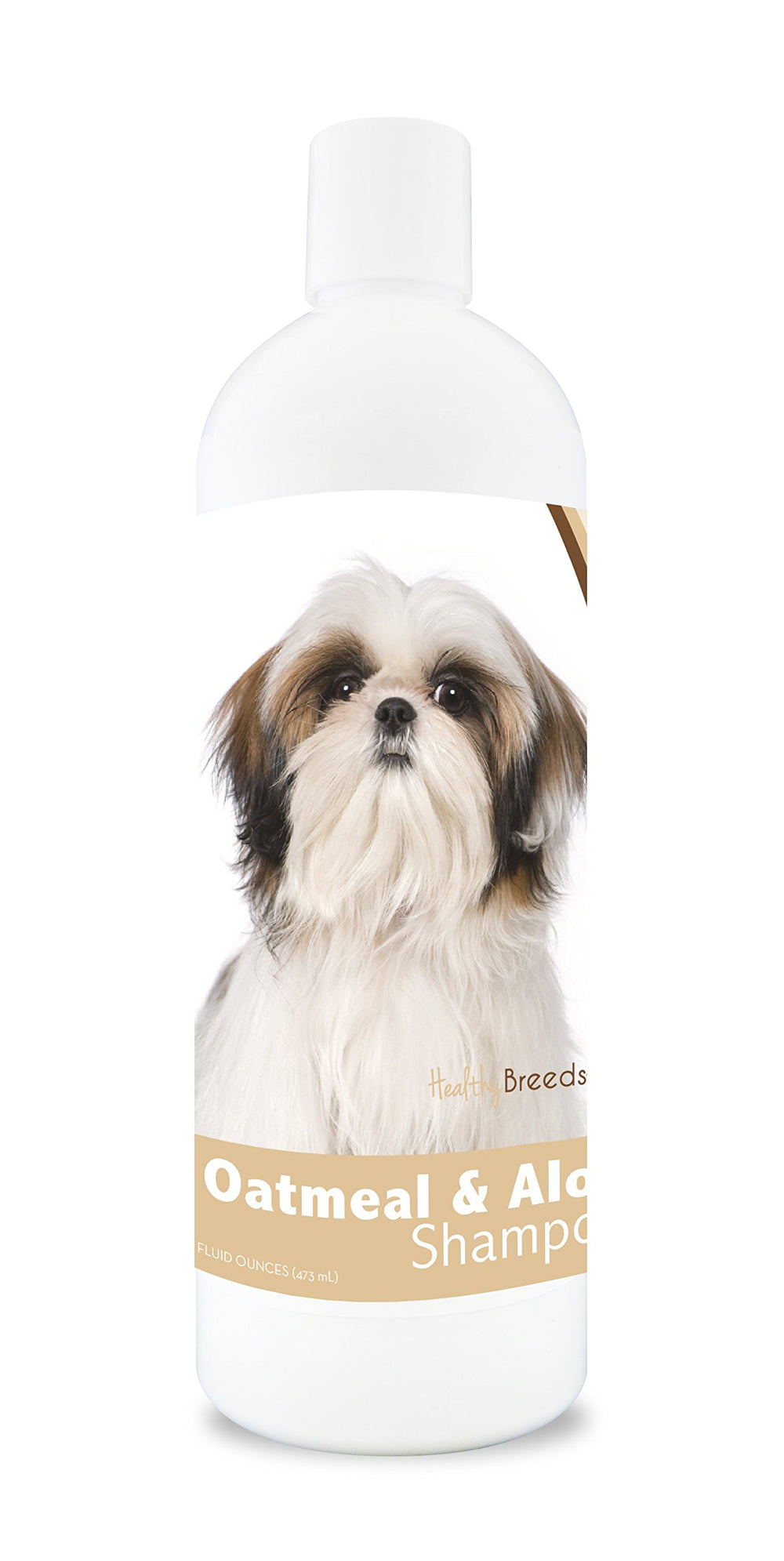 Healthy Breeds Shih Tzu Avena Aloe Shampoo, botella vertida, limpieza suave para pieles sensibles.