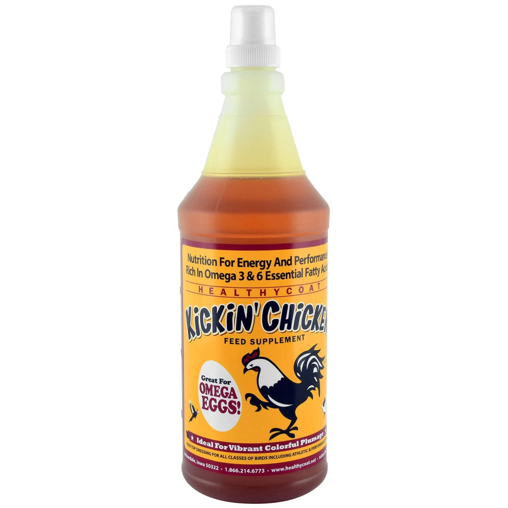 Healthy Coat Kickin: botella del suplemento para aves, apoyo al plumaje.
