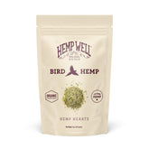 Hemp Well: corazones de cáñamo orgánicos para aves en bolsa reutilizable.