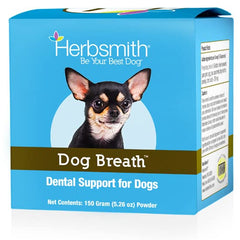 Herbsmith polvo dental, empaque práctico para uso diario en perros.