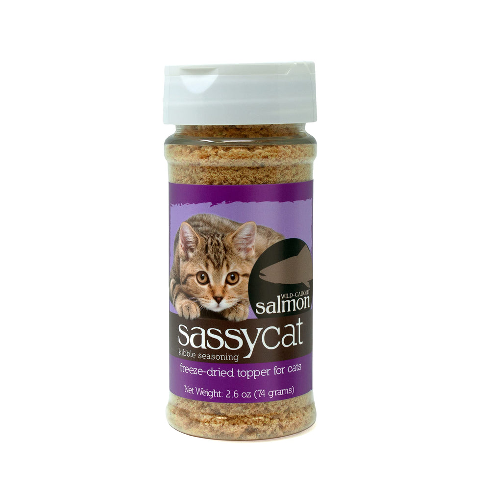 Herbsmith Sassy Cat Sazonador para croquetas con salmón deshidratado, realza el sabor para gatos.