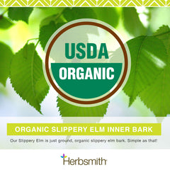 Frente del envase de Herbsmith Slippery Elm con logo y sello natural.