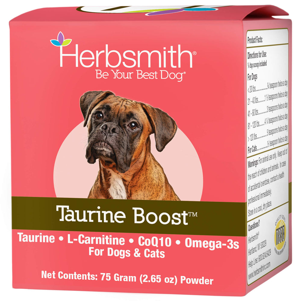 Herbsmith Taurine Boost botella visible para apoyo cardíaco en mascotas