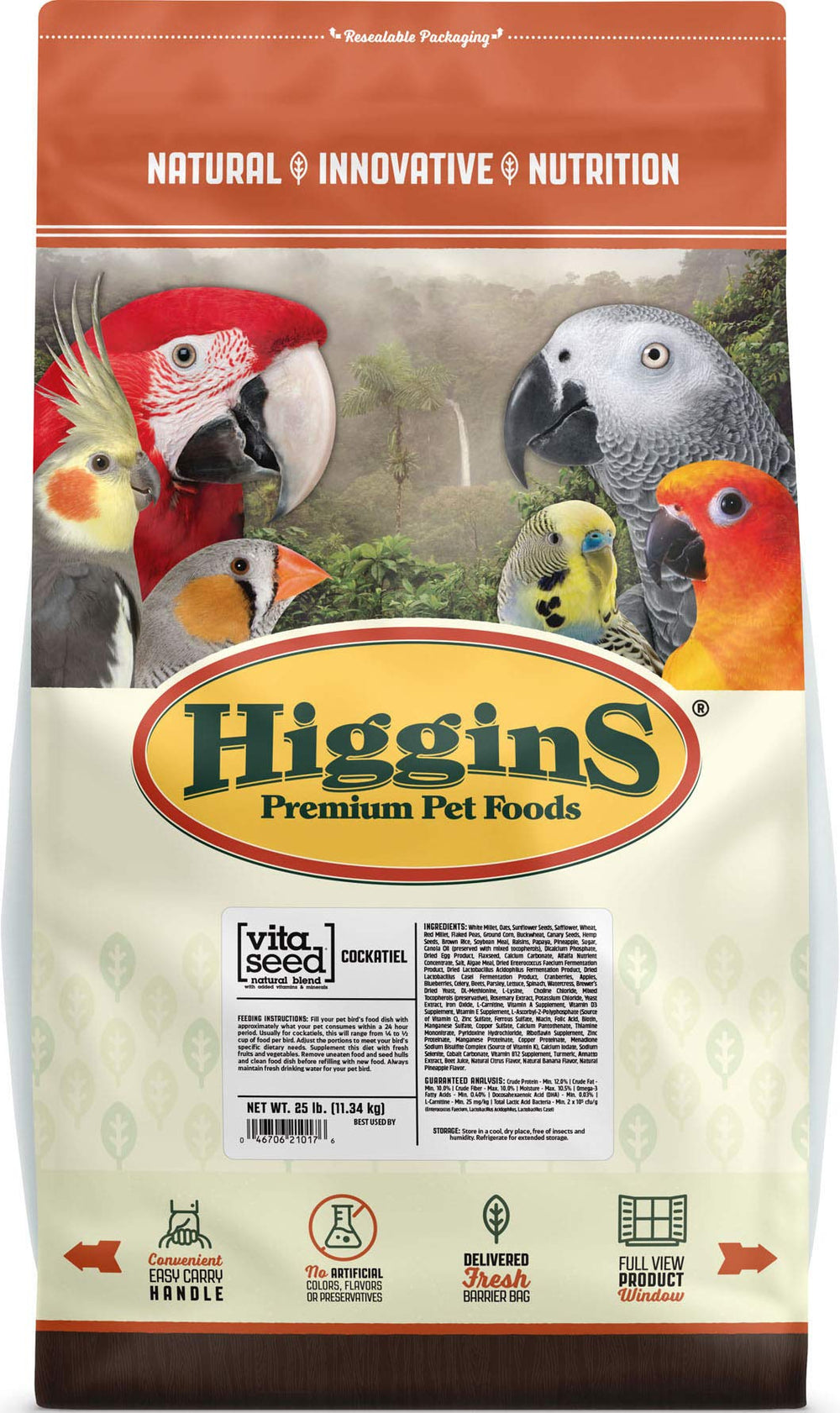 Higgins Vita Seed Cockatiel, bolsa de 25 libras, dieta diaria nutritiva para aves.