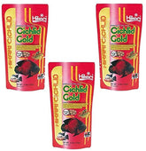 Hikari Cichlid Gold Mini, embalaje de tres paquetes, facilita almacenar y reponer pellets.