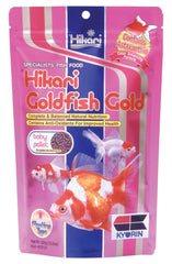 Alimento Hikari Gold en frasco con pellets bebé para pez dorado, apto para dieta juvenil.