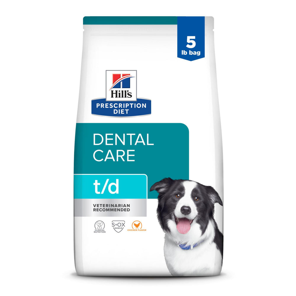 Hill's Prescription Diet t/d, croquetas para perro con pollo, ayudan a la limpieza dental diaria.