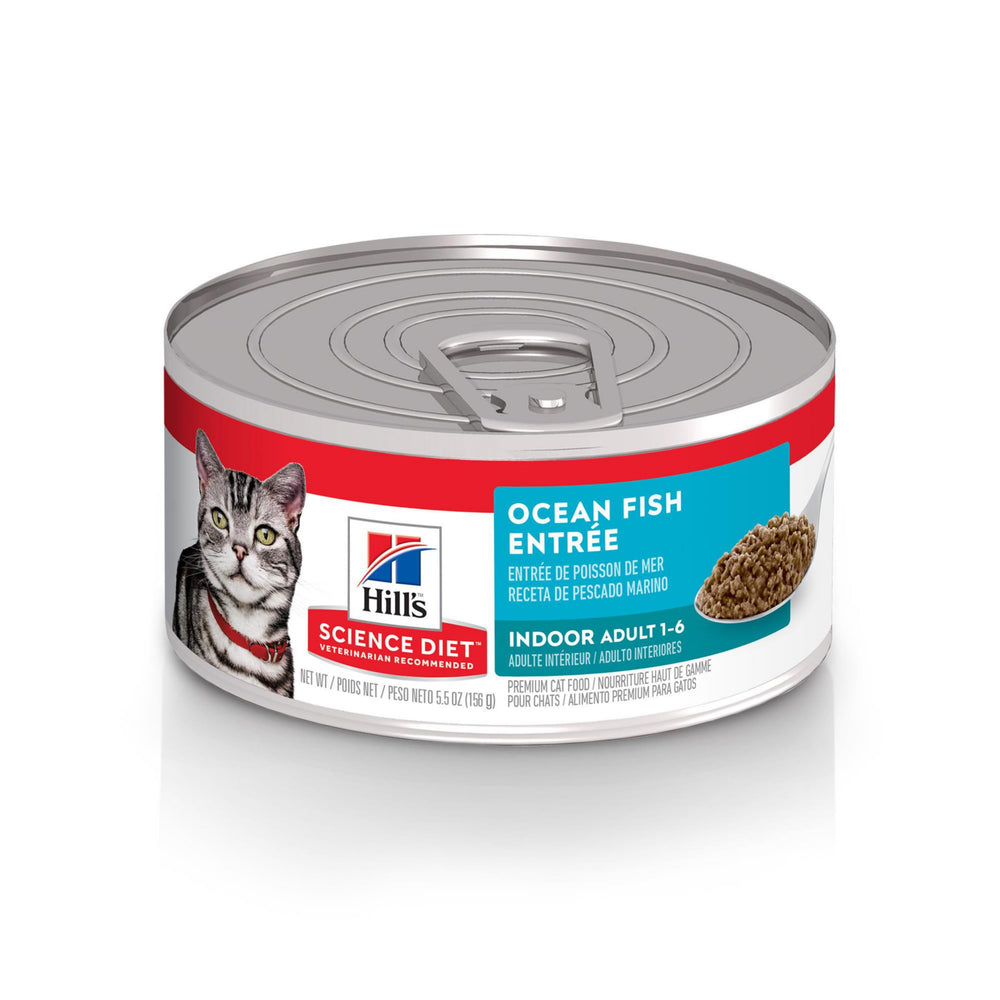 Hill's Science Diet Gatos Adultos Interior Pescado Oceánico, lata de 5,5 onzas, sabor delicioso para interiores.