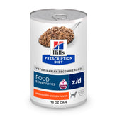 Hill's Dieta de Prescripción z/d, lata hidrolizada para perros, posible apoyo a piel sana.