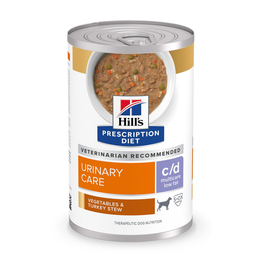Hill's c/d Multicare Low Fat, lata de pavo con verduras; cuidado urinario para perros.