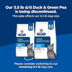 Hill's Prescription Diet d/d pato y guisante, kibble cercano, ayuda a sensibilidades posibles en gatos.