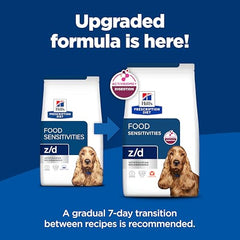 Hill's Prescription Diet z/d, etiqueta de la bolsa, proteína hidrolizada para tolerancia.