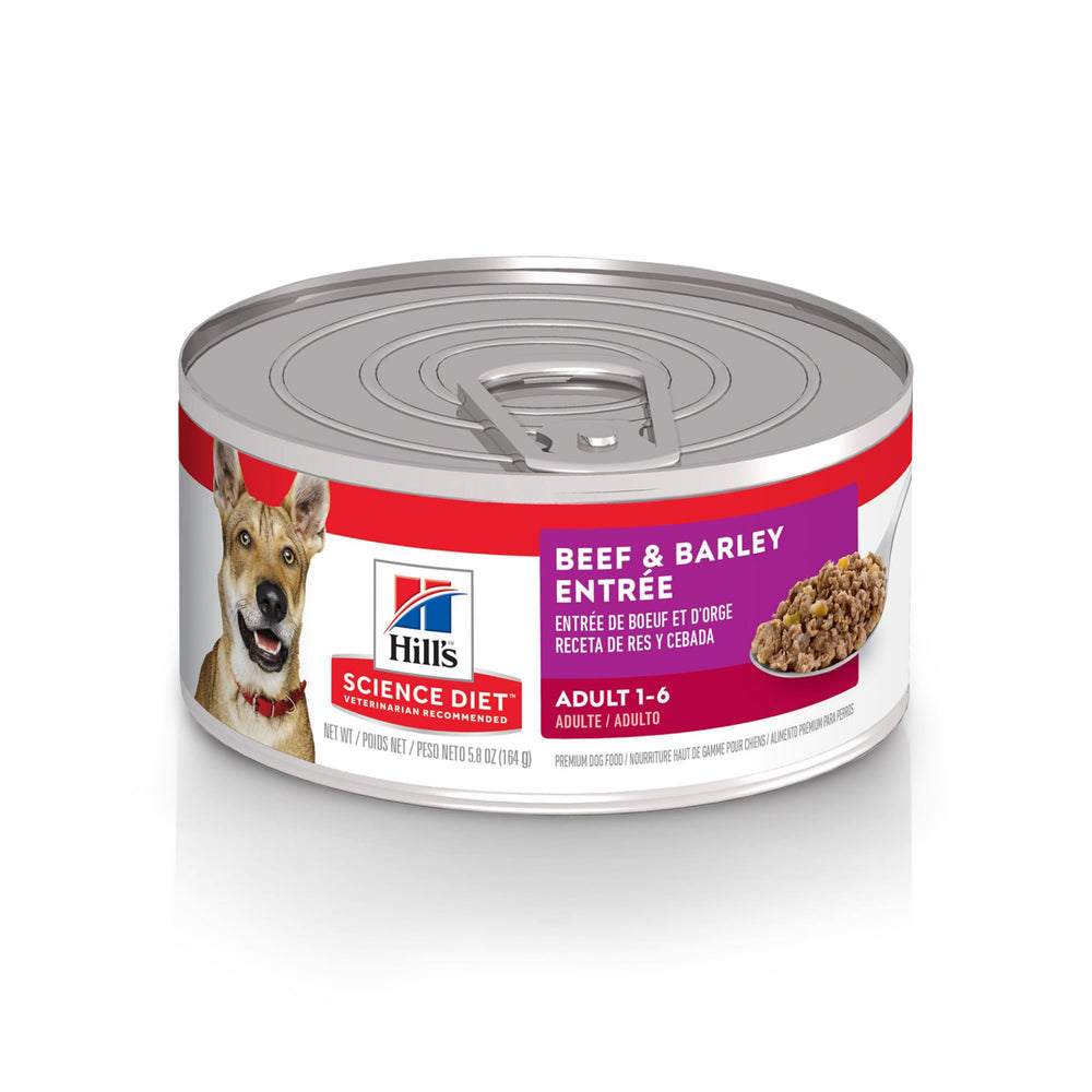 Hill's Science Diet para perro adulto con ternera y cebada, lata de 5.8 oz para 24 envases