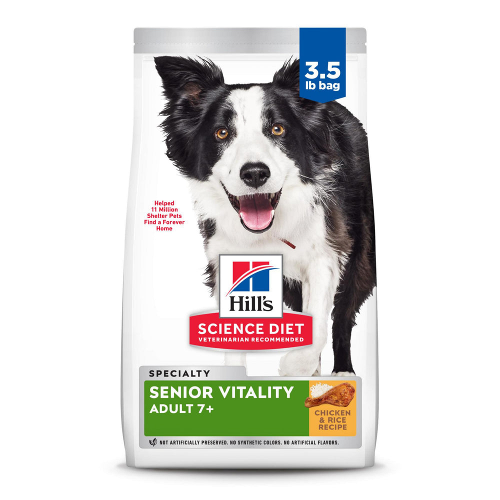 Hill's Science Diet Adult 7+ Senior Vitality, envase de alimento seco para perros mayores.