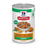 Hill's Science Diet Puppy estofado de pollo y verduras en lata para desarrollo equilibrado.