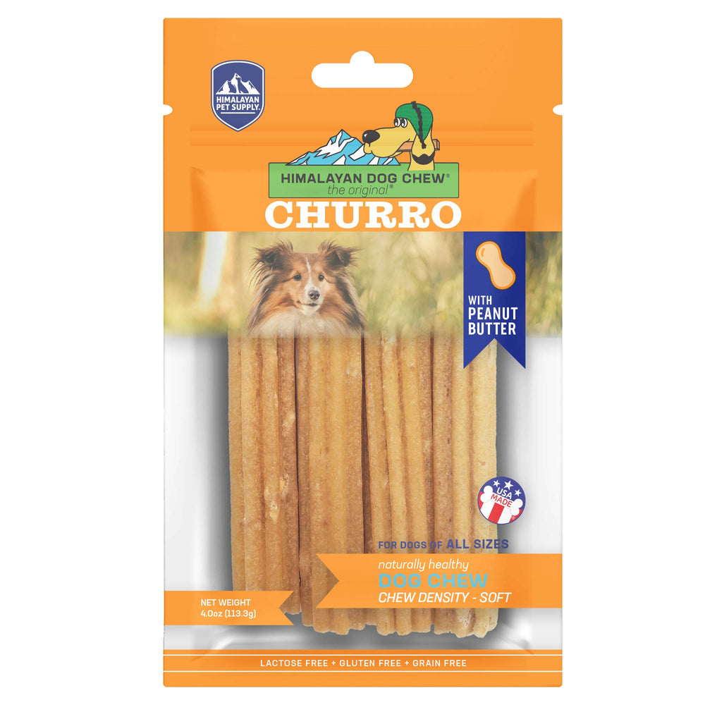 Himalayan Dog Chew Churro Yak Cheese en empaque, cuatro churros por bolsa para entretenimiento prolongado.