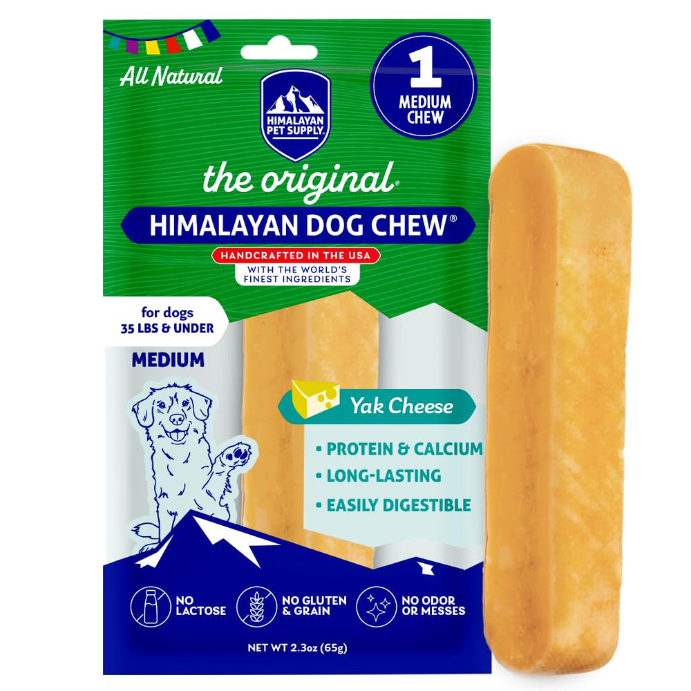 Himalayan Dog Chew empaque original con queso de yak, ideal para masticación prolongada