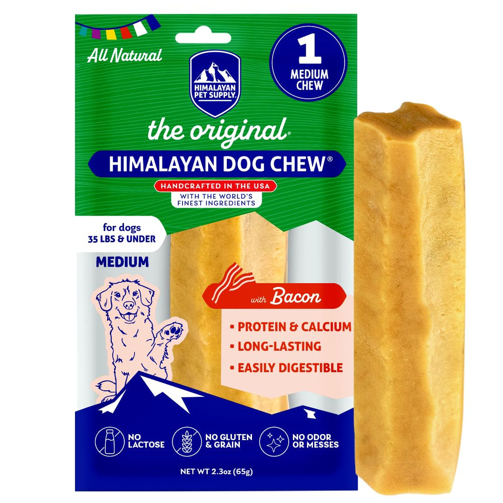 Himalayan Dog Chew Original Yak Cheese con tocino, masticación duradera para perros pequeños.
