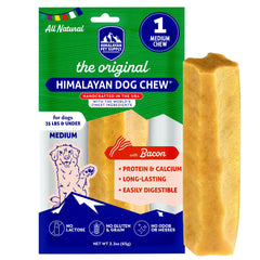 Himalayan Dog Chew Original Yak Cheese con tocino, masticación duradera para perros pequeños.
