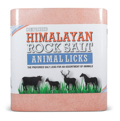 Himalayan Secrets bloque de sal rosa para ciervos y caballos, aporte mineral estable.