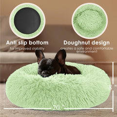 Hoewina cama donut verde, detalle de felpa suave para descanso reconfortante.