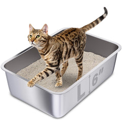 Holintan bandeja para gatos de acero inoxidable, vista frontal, fácil limpieza.