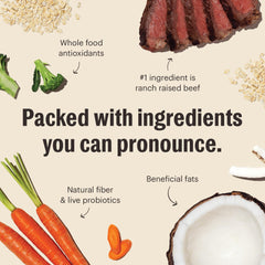 The Honest Kitchen clusters con ingredientes clave de res para una dieta completa y sabrosa.