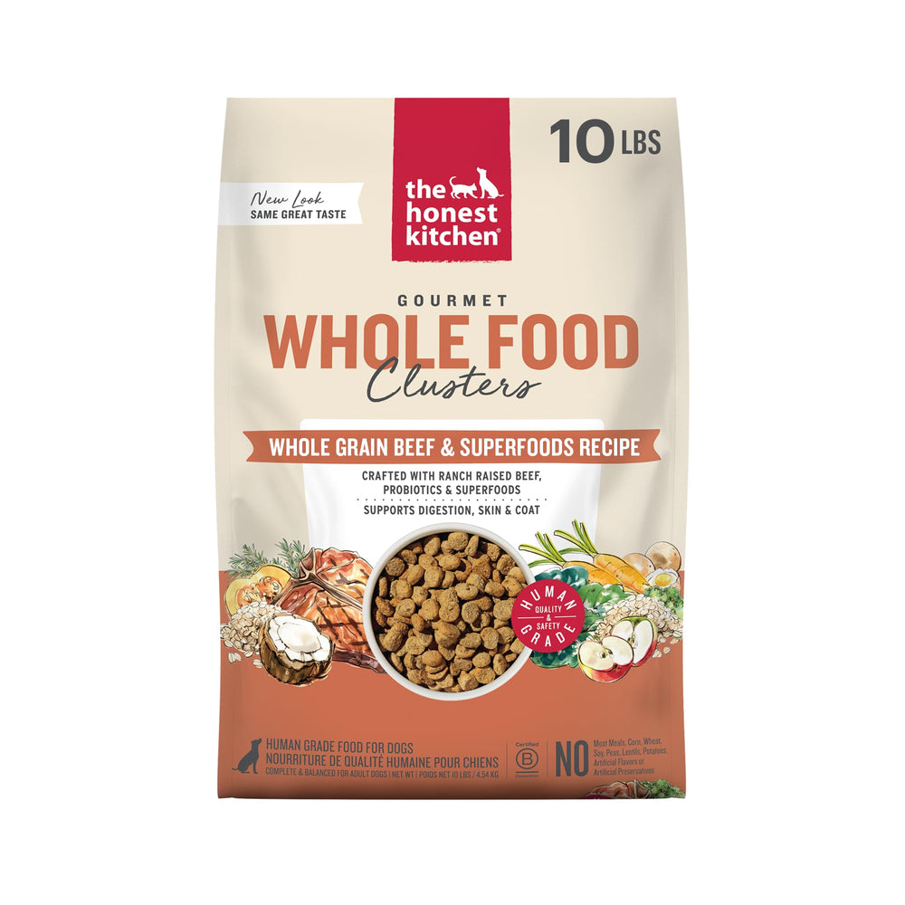 The Honest Kitchen Clusters de res con avena en bolsa: nutrición completa para perros activos.