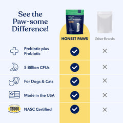 Honest Paws Probiotics polvo para el microbioma, ayuda al equilibrio intestinal.
