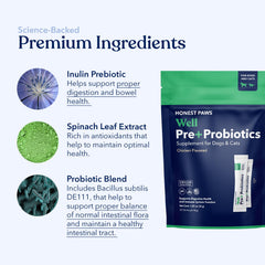 Honest Paws Probiotics con 5 mil millones CFU por porción para apoyo diario.