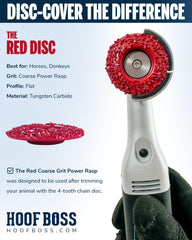 Hoof Boss disco domo rojo, en uso con herramienta eléctrica para recorte eficiente