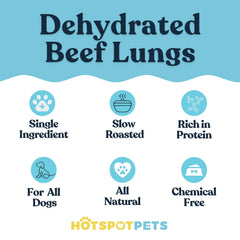 Hotspot Pets Beef Lung Treats, etiqueta de ingrediente único para snack natural.