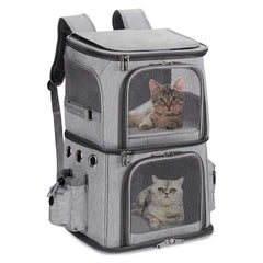 Mochila para mascotas HOVONO de doble compartimento, vista frontal, ideal para viajar con dos mascotas.