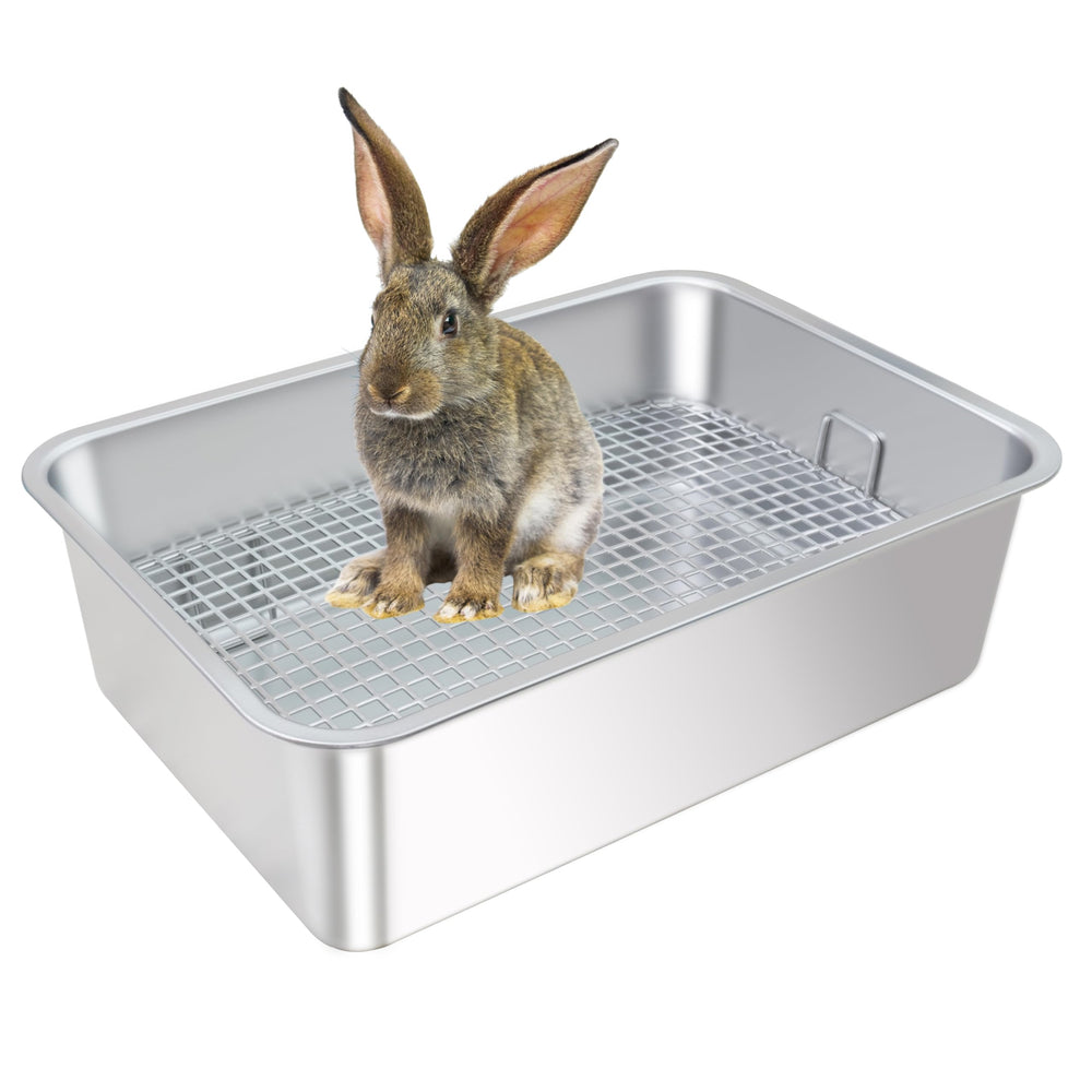 HUQIZOO caja higiene para conejos de acero inoxidable, duradera y fácil de limpiar.