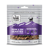 Golosinas Meow and Zen Hearties con pollo para momentos tranquilos y sabrosos.