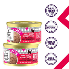 I and Love and You Right Meow Pâté Beef 4-pack ingrediente principal carne de res de origen estadounidense.