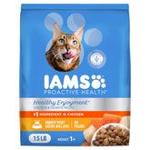 IAMS Healthy Enjoyment croquetas de pollo y salmón para gatos, sabor delicioso.