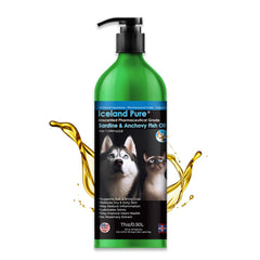 Iceland Pure Aceite sardina y anchoa, botella con bomba para dosificación fácil en perros y gatos.