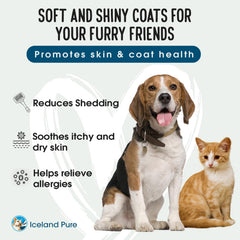 Iceland Pure Pelaje brillante para perros y gatos; aceites saludables favorecen piel y acabado sedoso.