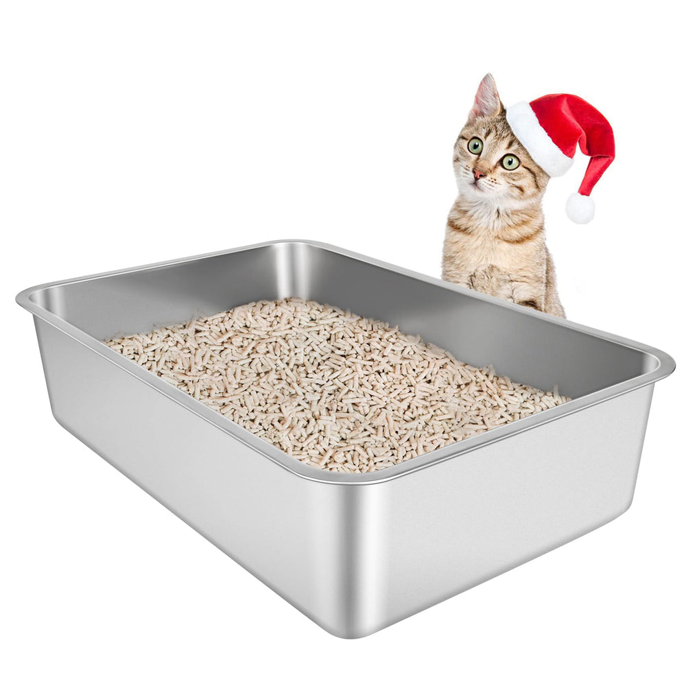 IKITCHEN caja de arena para gatos de acero inoxidable, vista frontal, duradera y antiolor.
