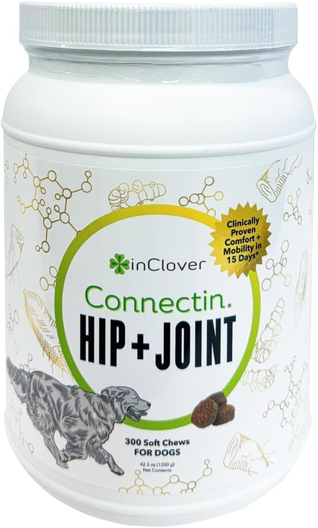 In Clover Connectin polvo para perros, espolvoreado sobre comida para apoyar movilidad.