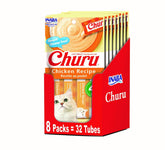 INABA Churu Purée: empaque con 32 tubos, merienda cremosa para gatos.