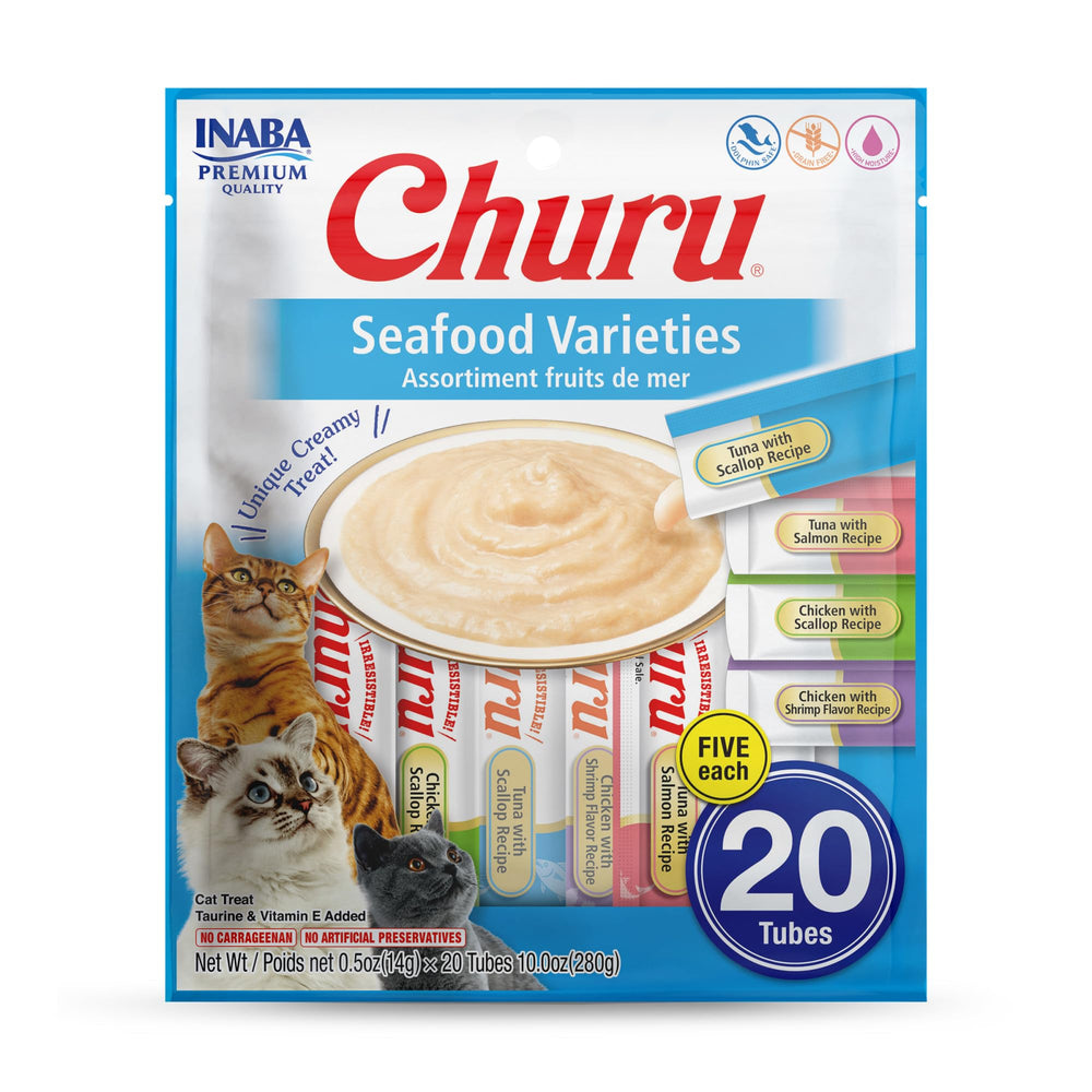INABA Churu tubo puré cremoso para gatos, ideal para alimentar a mano.