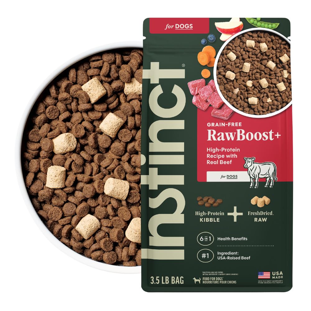 Instinct RawBoost: tazón con kibble crujiente que apoya músculos fuertes.