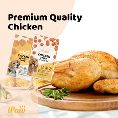Textura firme y masticable de iPaw Chicken Tots para sesiones largas.