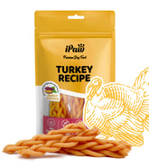 iPaw tira trenzada de pavo con batata dulce, ideal para recompensas de entrenamiento.