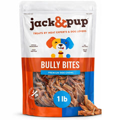 Jack&Pup Bully Bites en envase de 1 libra, ideal para perros pequeños.