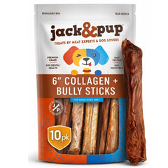 Jack&Pup palitos bully con colágeno 6 pulgadas en empaque, snack natural para perros.