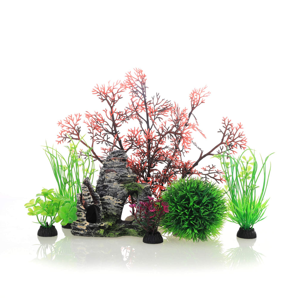 Conjunto JIH de plantas y cueva de piedra, crea refugio y ambiente natural para peces.
